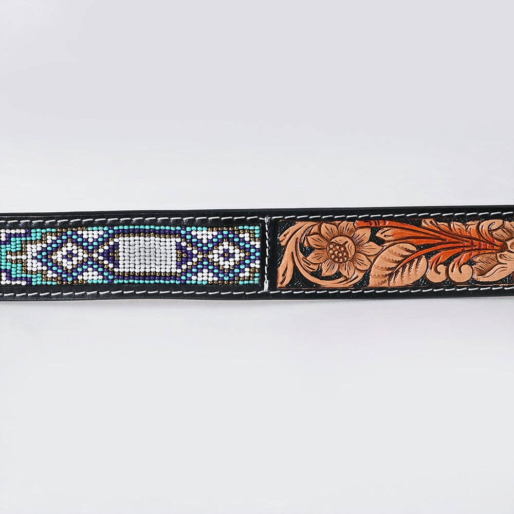 ADBLF270 Icy Turquoise Navajo Beadedx Western Belt with Tooled Leather Buckle