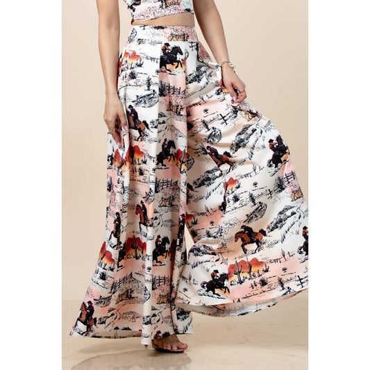 Nylon Apparel - P919-6275-Hilda Vintage Western Horse Print Wide Leg Pants