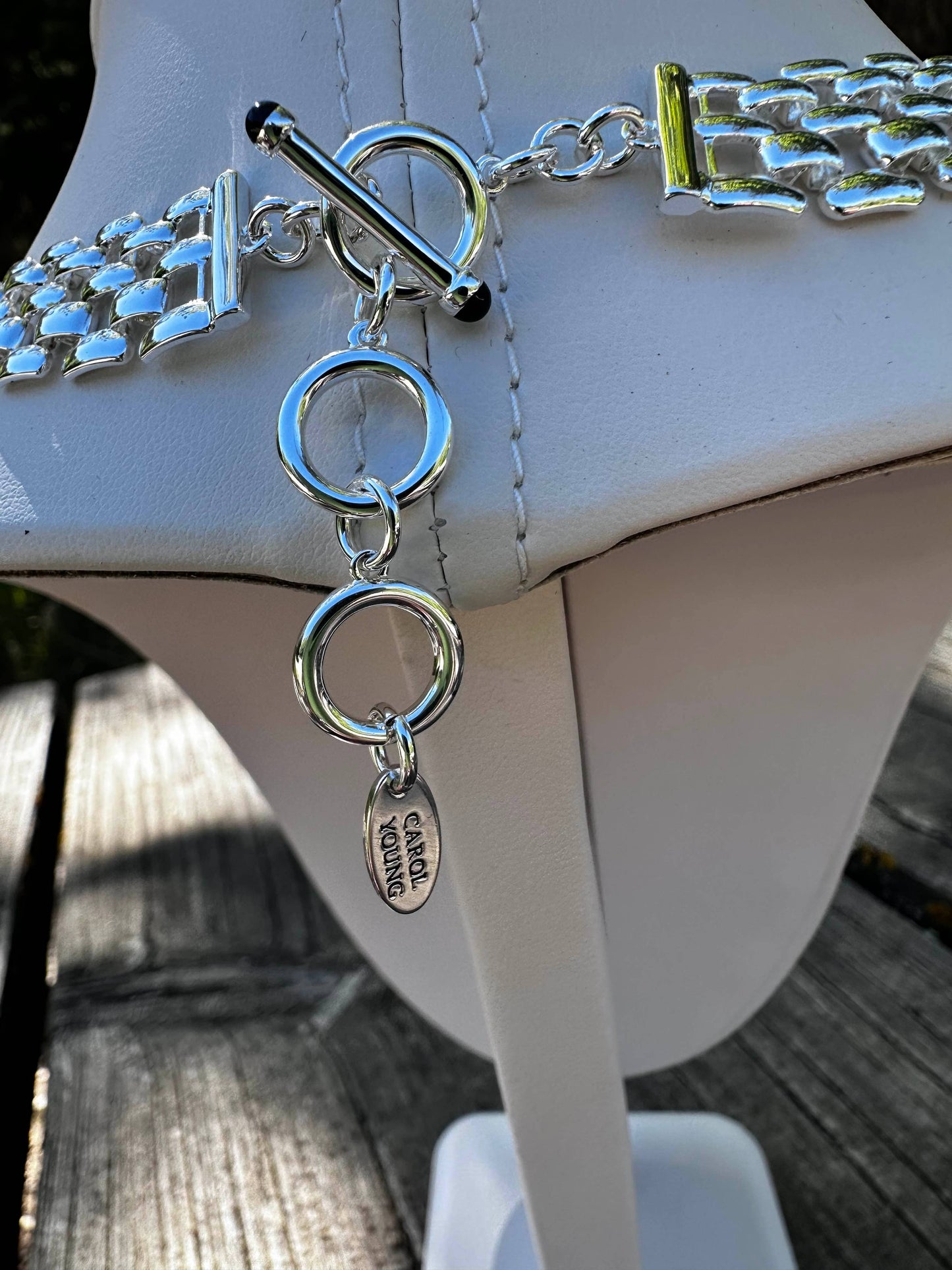 Bold English Saddle Stirrup Necklace Mother of Pearl
