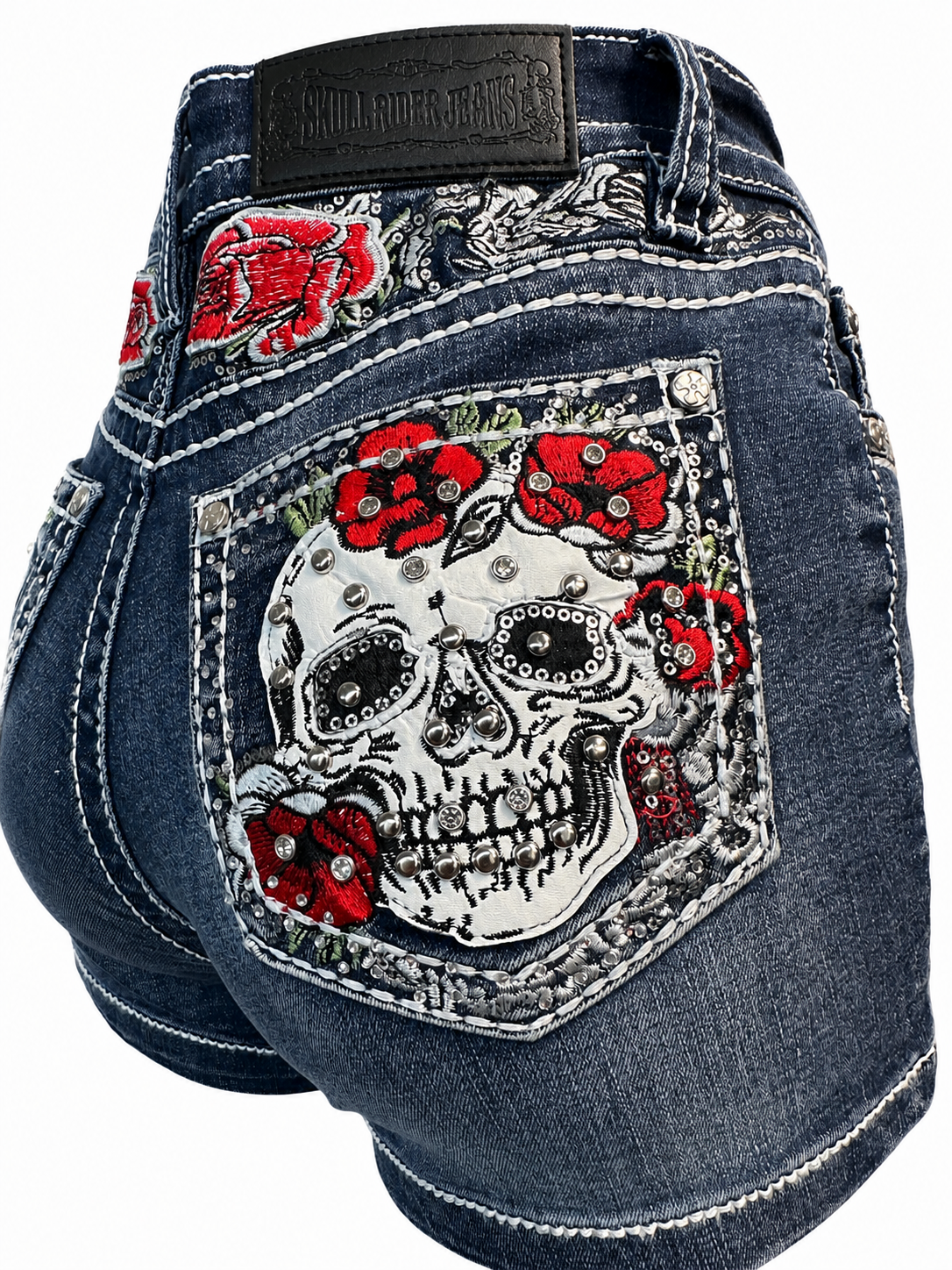 SKULL RIDER EMBROIDERED ROCK & ROLL DENIM SHORTS SS-23