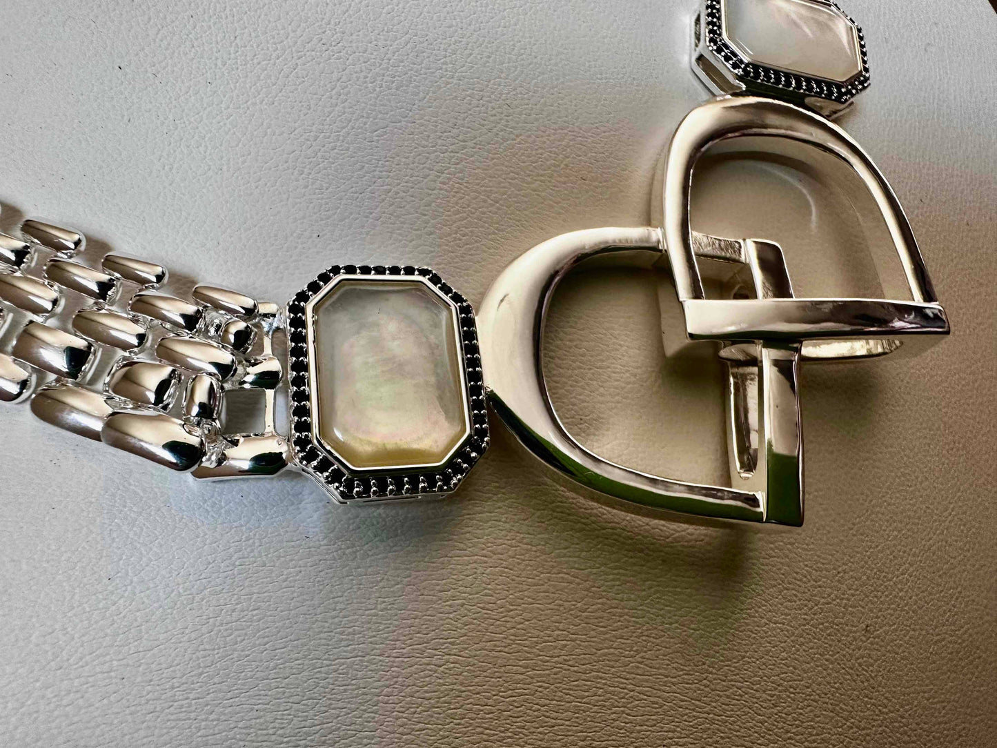 Bold English Saddle Stirrup Necklace Mother of Pearl