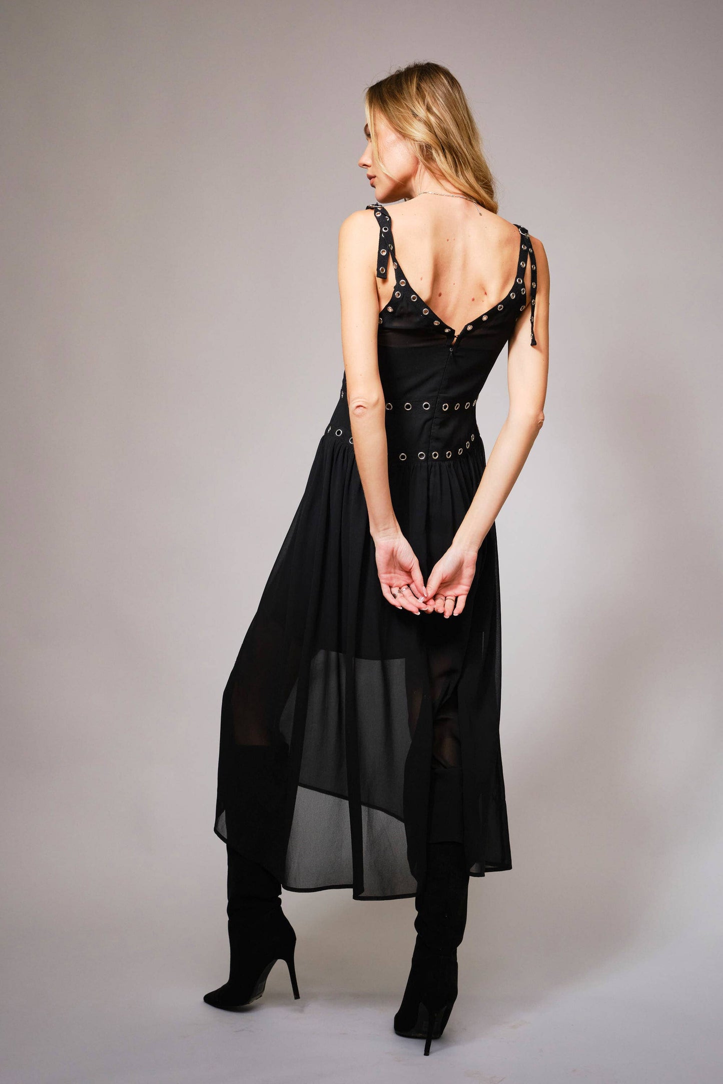 23369D - Chiffon Grommet Eyelet Trim Detailing Midi Dress