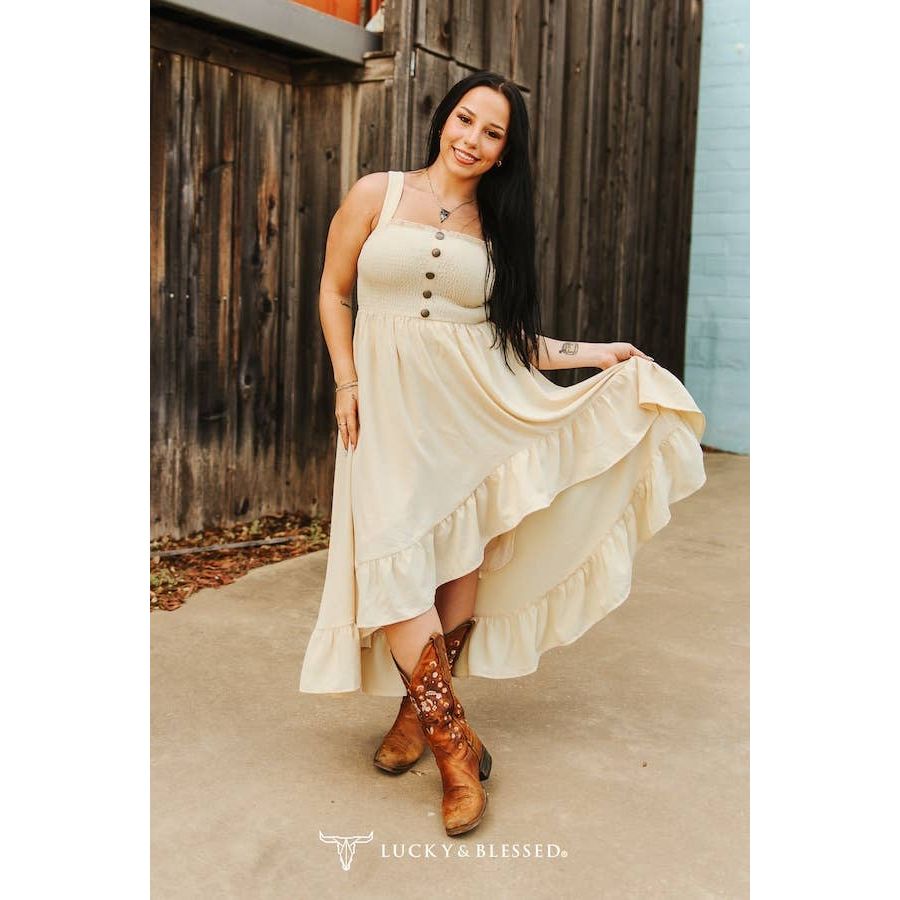 Ivory Hi Low Ruffle Western Button Down Thick Strap Dress