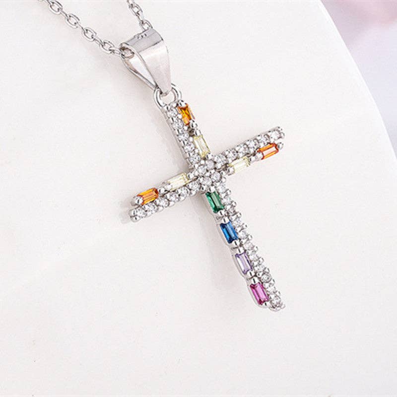 Rainbow Gemstone Cross Charm Necklace in 925 Sterling Silver