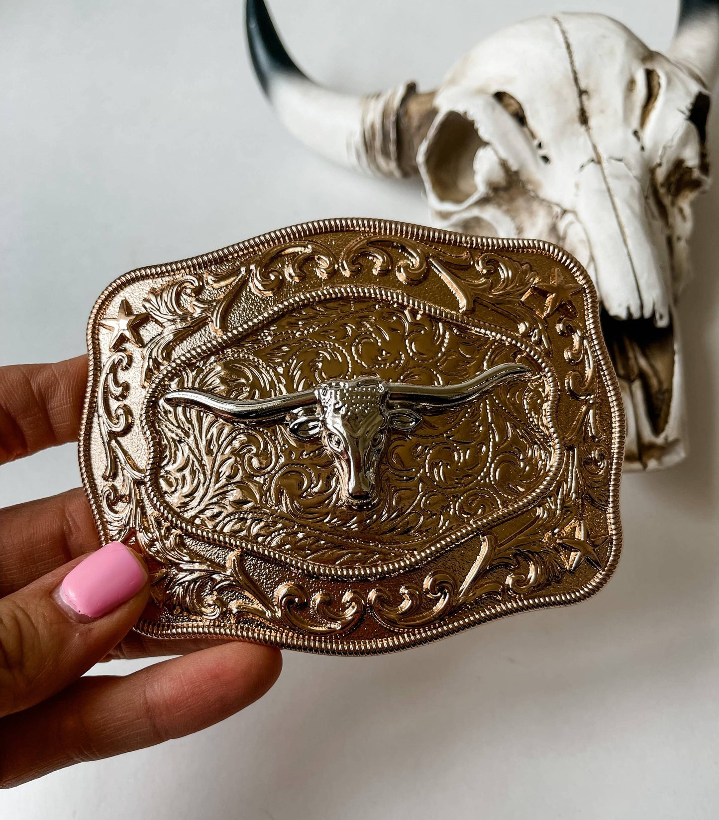 Western Longhorn Belt Buckle  Silver - Rose Gold - Gold