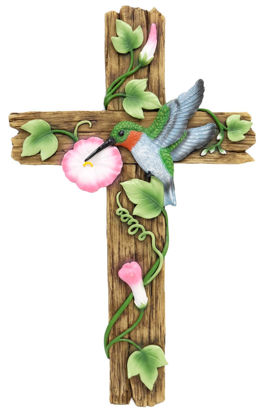 Resin Hummingbird Pink Floral Garden Hanging Wall Cross