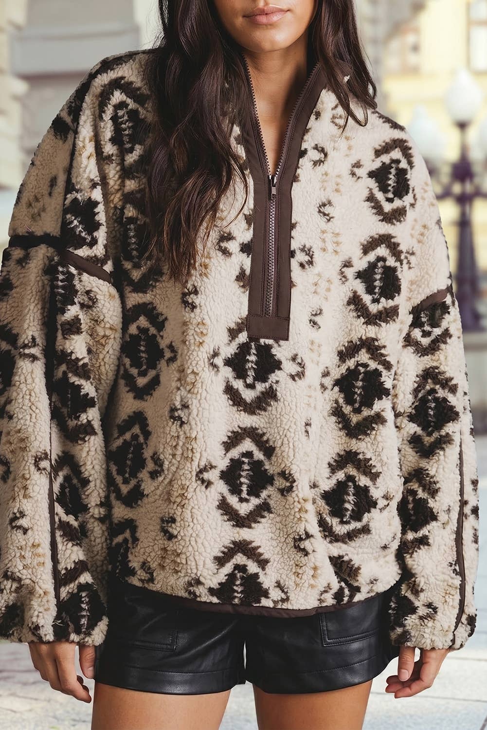 Western Style Aztec Print Sherpa Fleece Half-Zip Sweatshirt