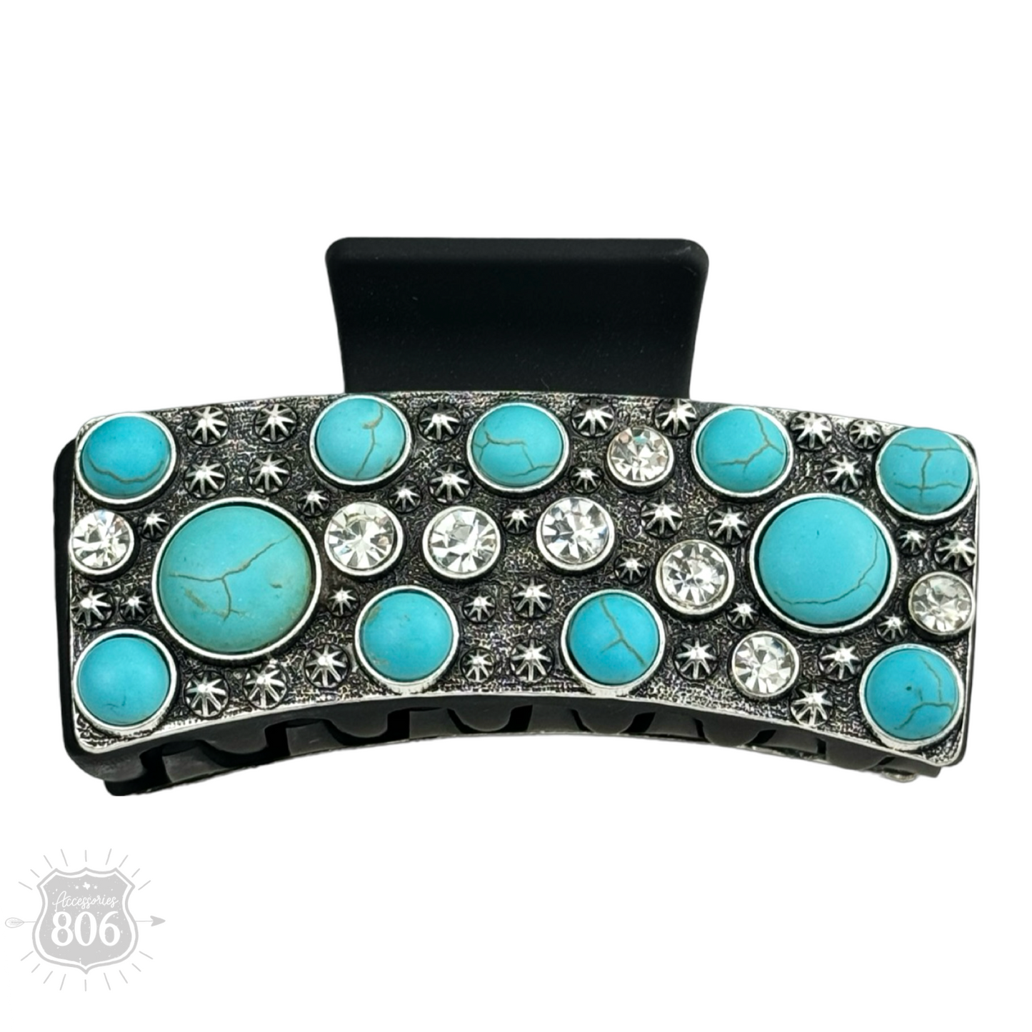 Hair Claw Clip- Western Round Turquoise Stone & Rhinestone