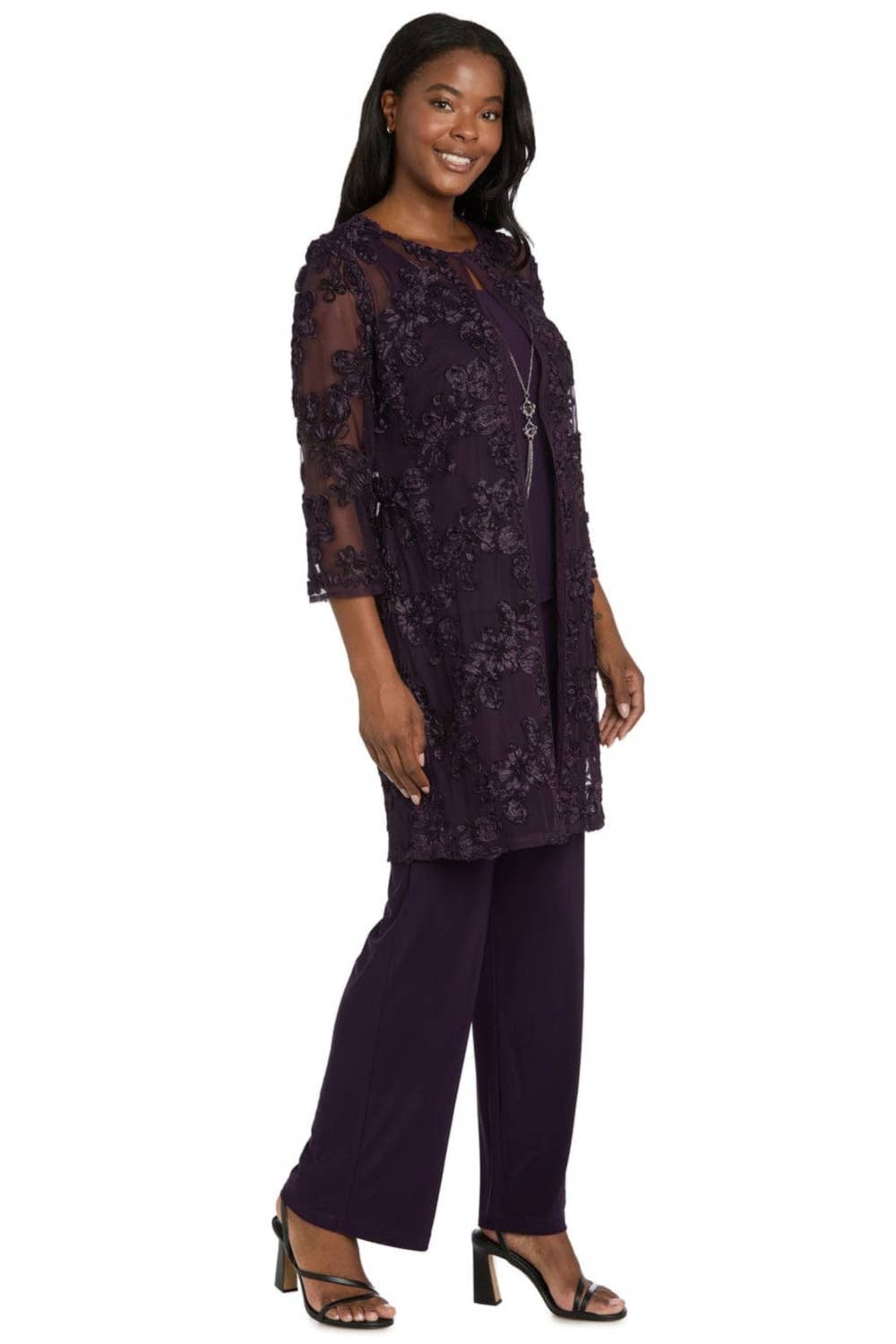 R&M Richards Sequin Floral 3-Piece Duster Pantsuit