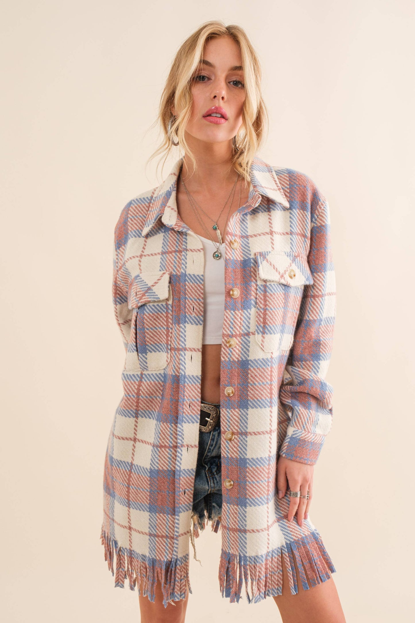 34197J - Yarn Dyed Fringe Bottom Button Up Long Shirt Jacket