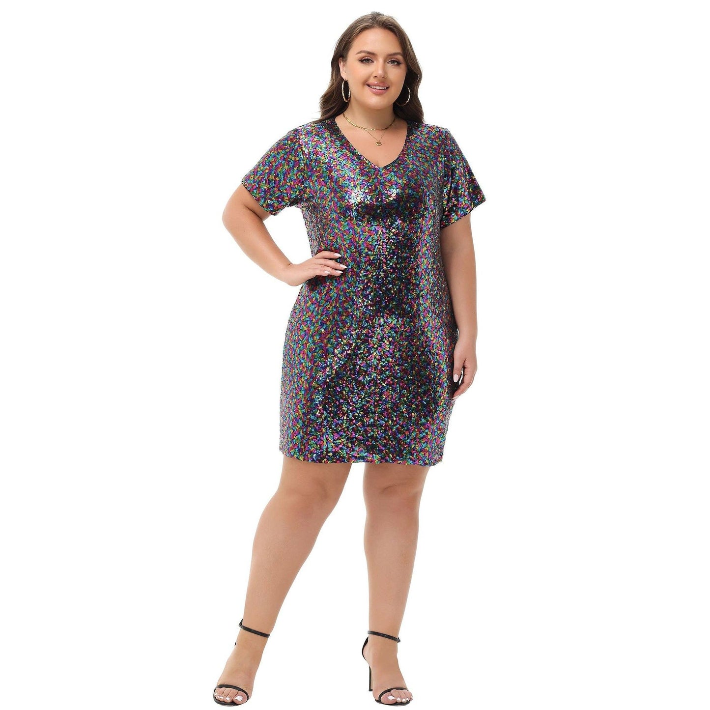 Plus Size Short Sleeve V Neck Sequin Dresses
