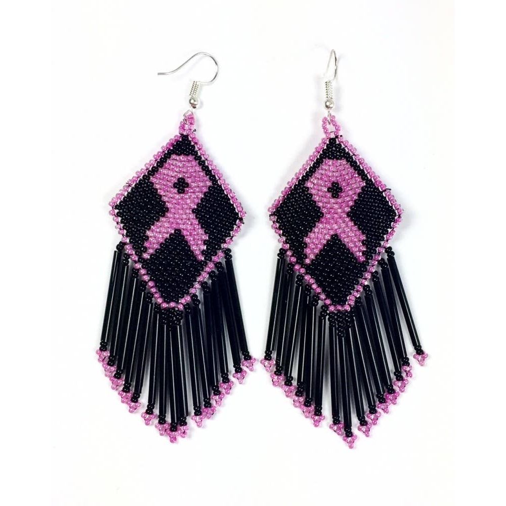 Handmade Beaded Black Pink Ribbon Breast Cancer Awareness Earrings