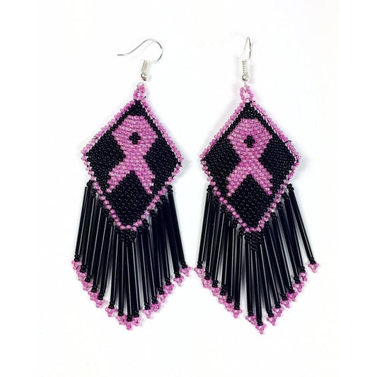 Handmade Beaded Black Pink Ribbon Breast Cancer Awareness Earrings