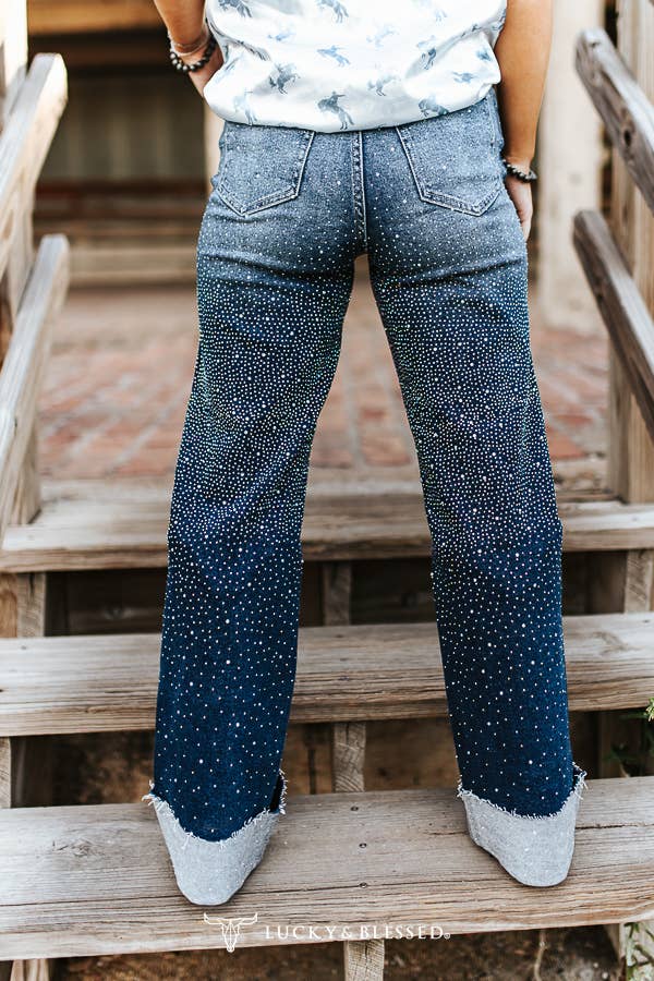 Dark Wash Stretch Denim Detail Cuffed Wide Leg Jeans