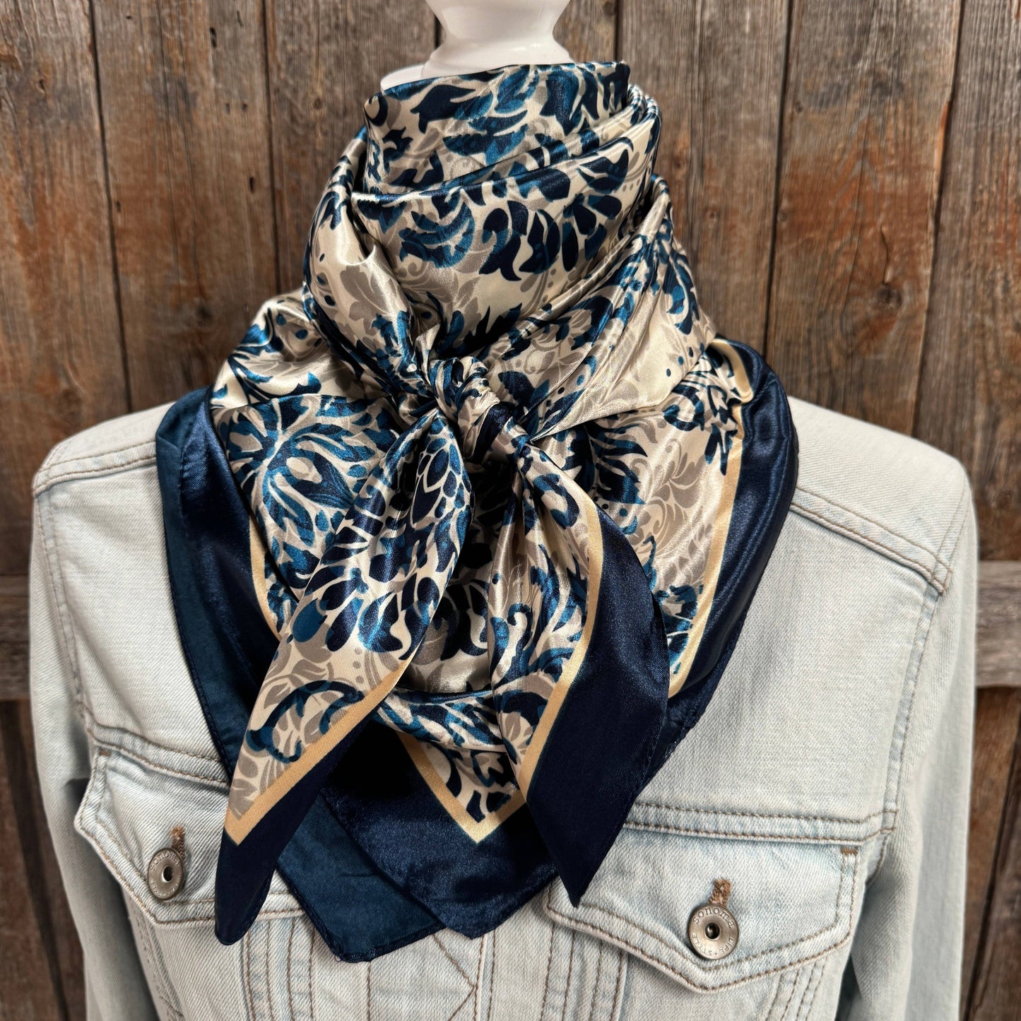 Cream and Blue Floral Wild Rag - Western Scarf