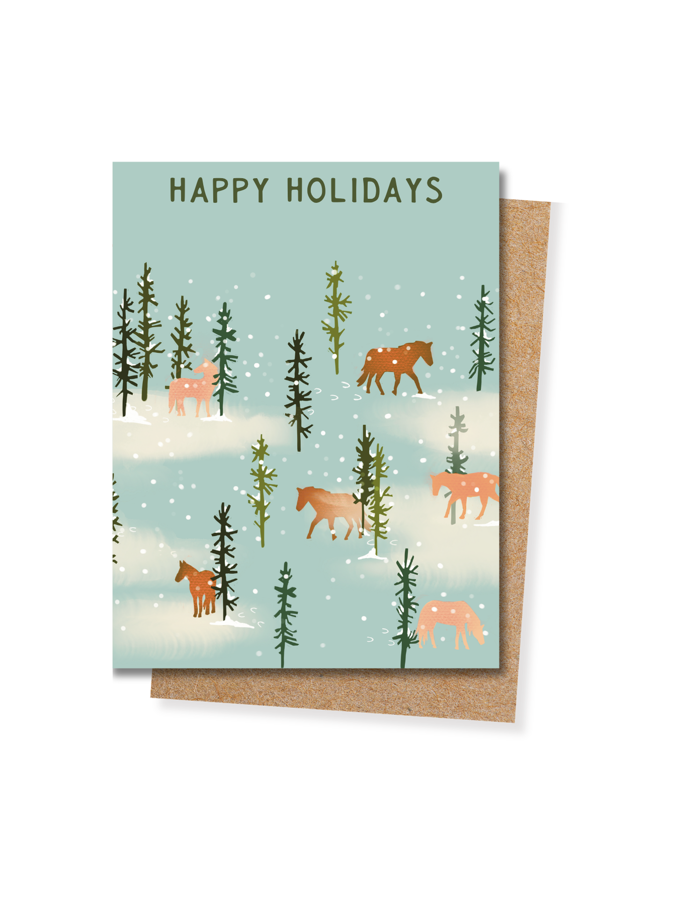 Happy Holidays Snowy Forest Horses Greeting Card | Western Christmas Card