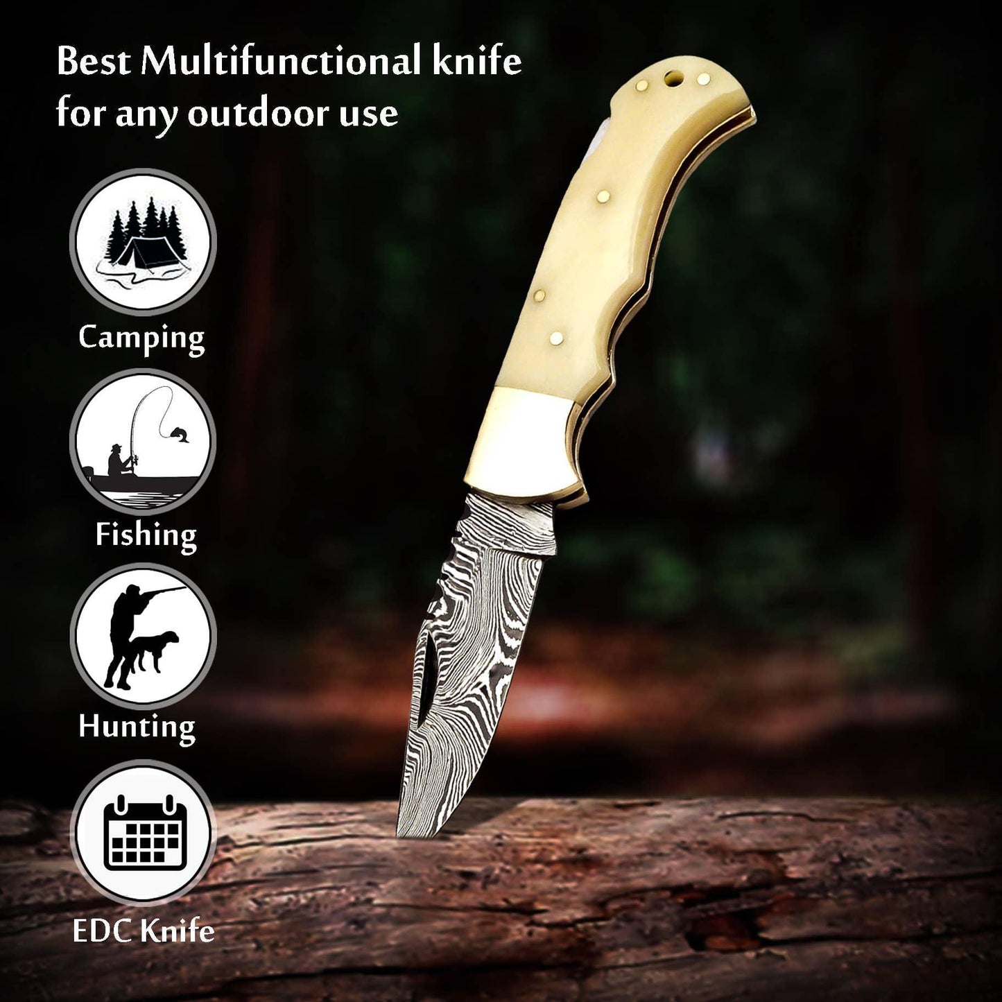 FH KNIVES - 6.5' Handmade damascus folding knife, Pocket Knife