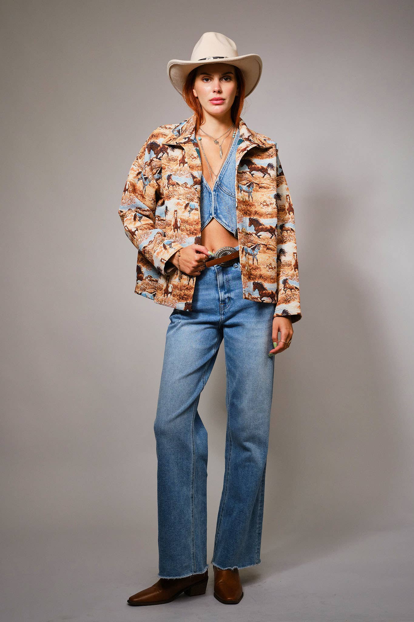 Blue B Western Pattern Button Front Jacquard Jacket 33144J