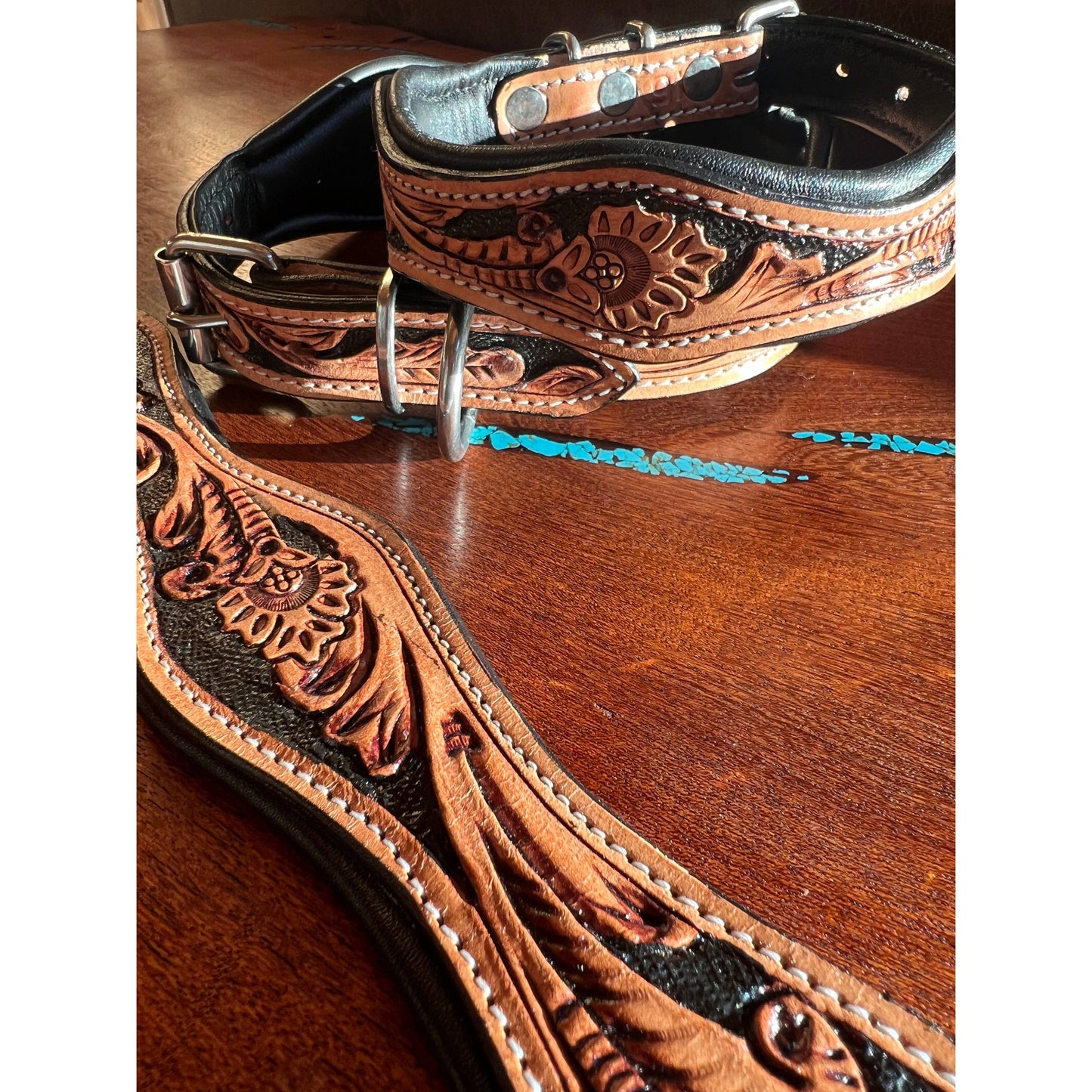 Tooled Leather Western Scalloped Floral Dog Collar