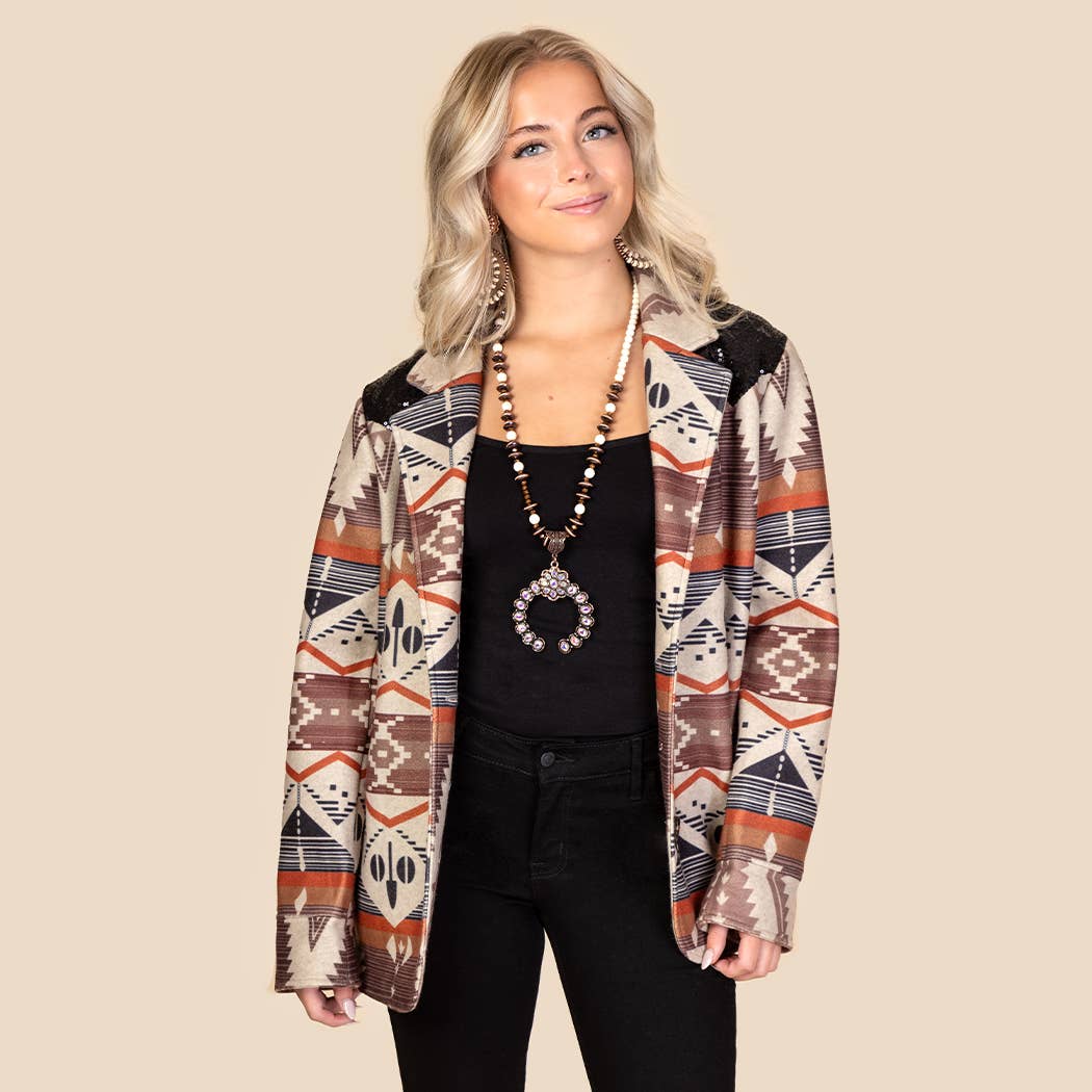 Western Print Blazer with Sequin and Pockets