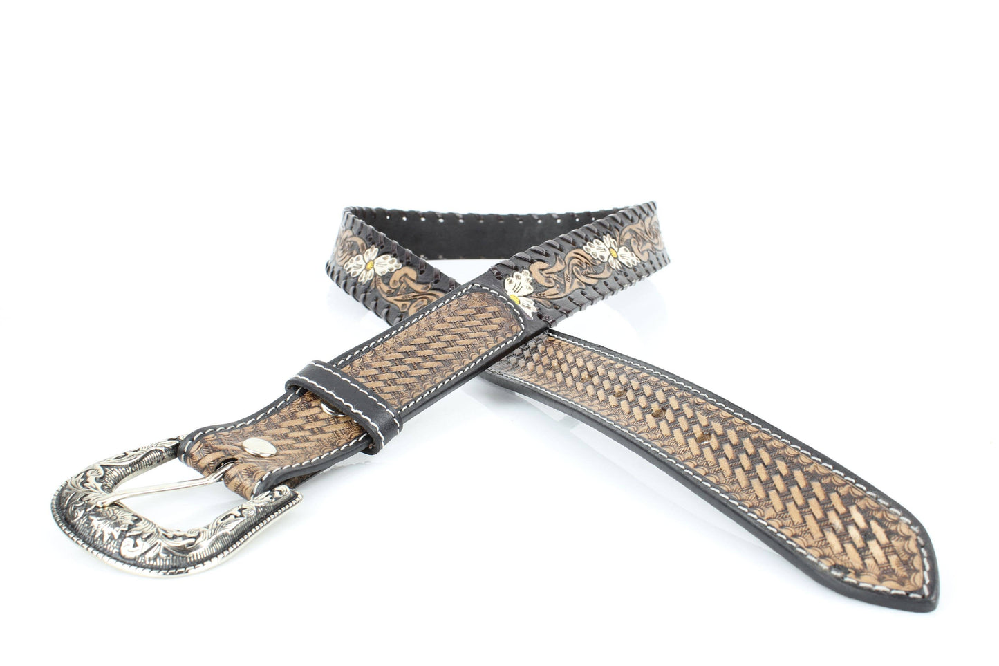 Floral Belt | White Painted Flowers & Whipstitch ABB-14-121