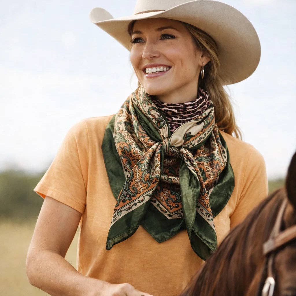 Green, Plum and Tan Floral Wild Rag - Western Scarf