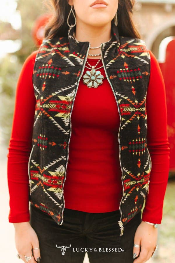 Plus Size Black Red Aztec Quilted Lined Zip-up Vest