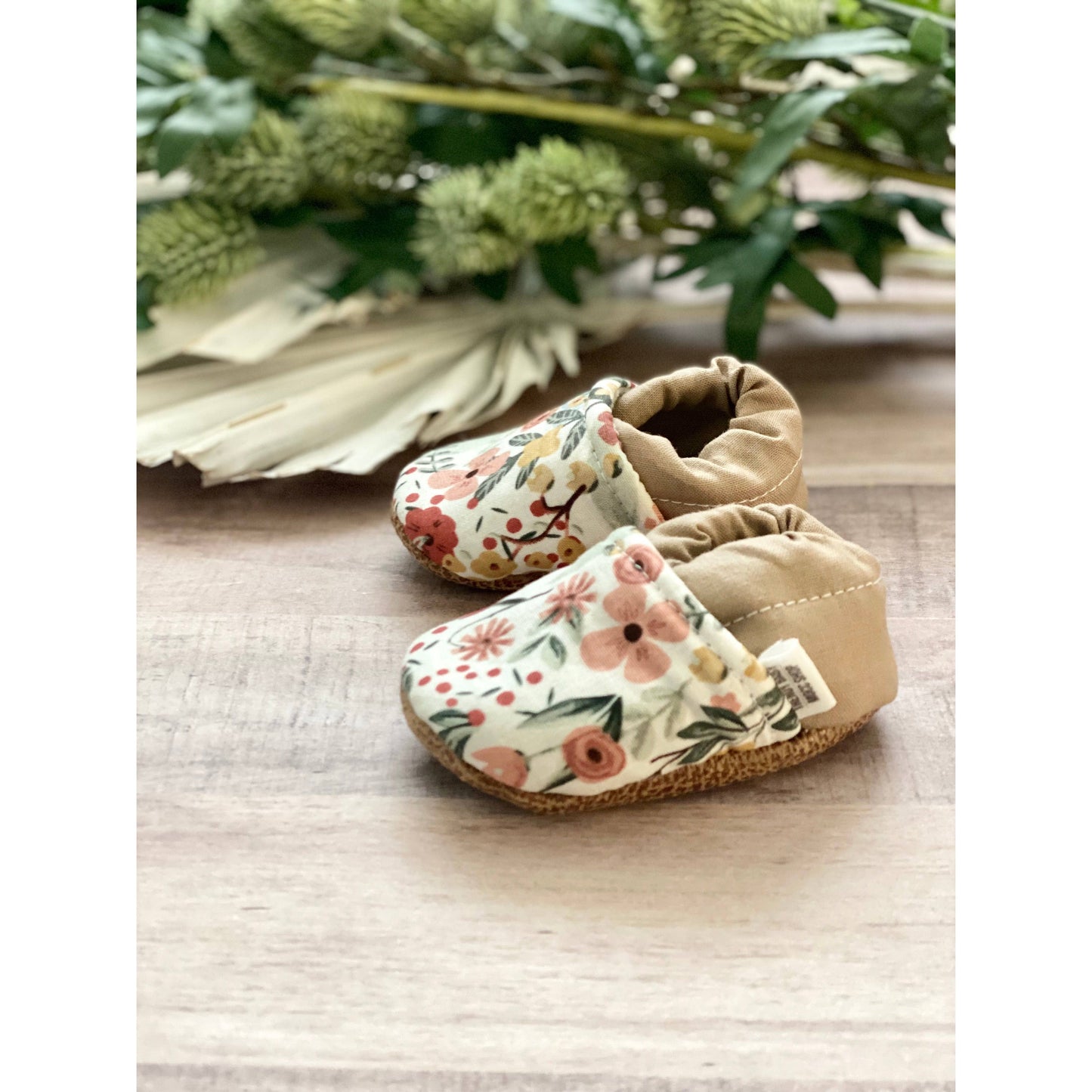 Trendy Baby Mocc Shop- Baby Shoes, White Spring Floral with Tan