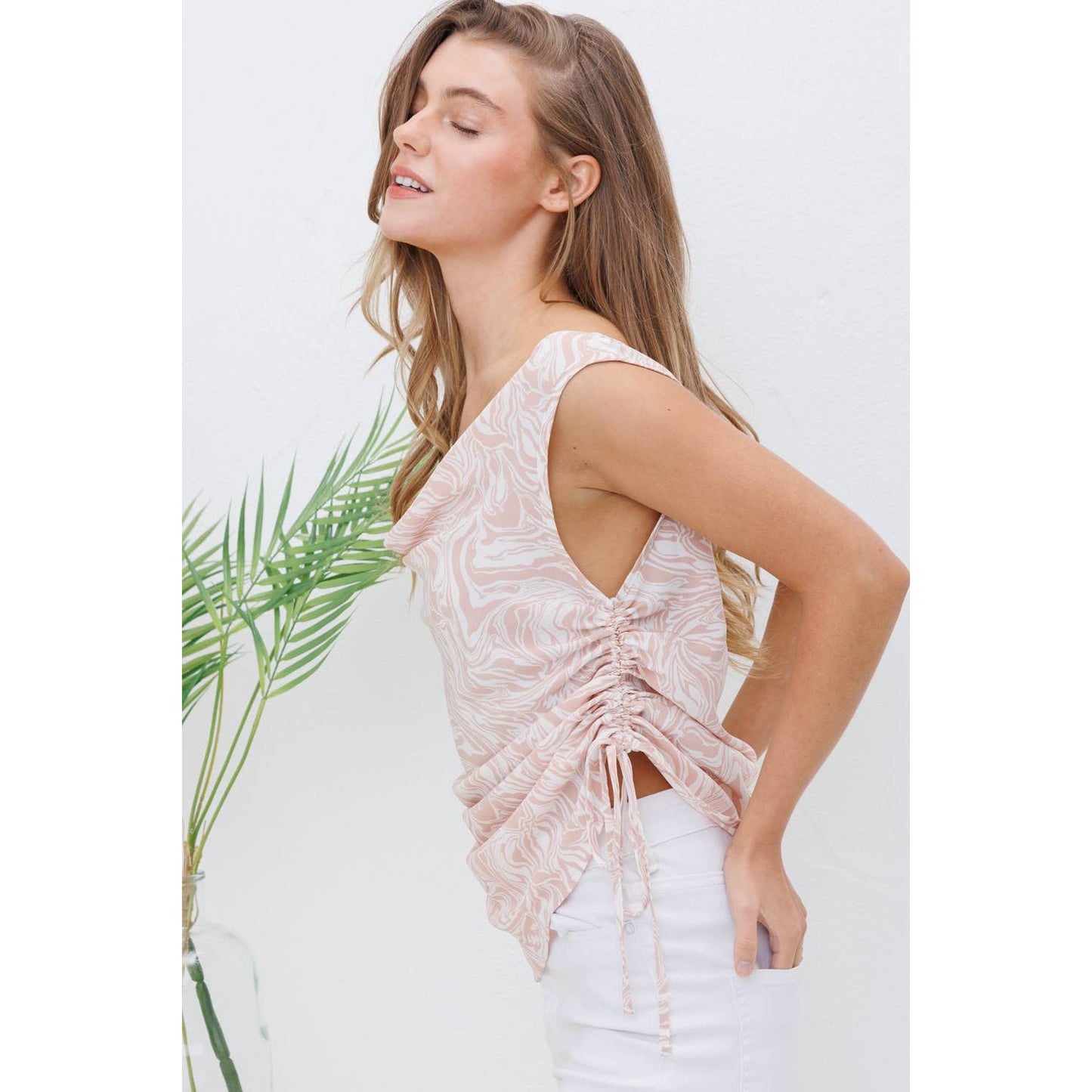 31666T - Koshibo Marble Print Cowl Neck Cinched Side Blouse