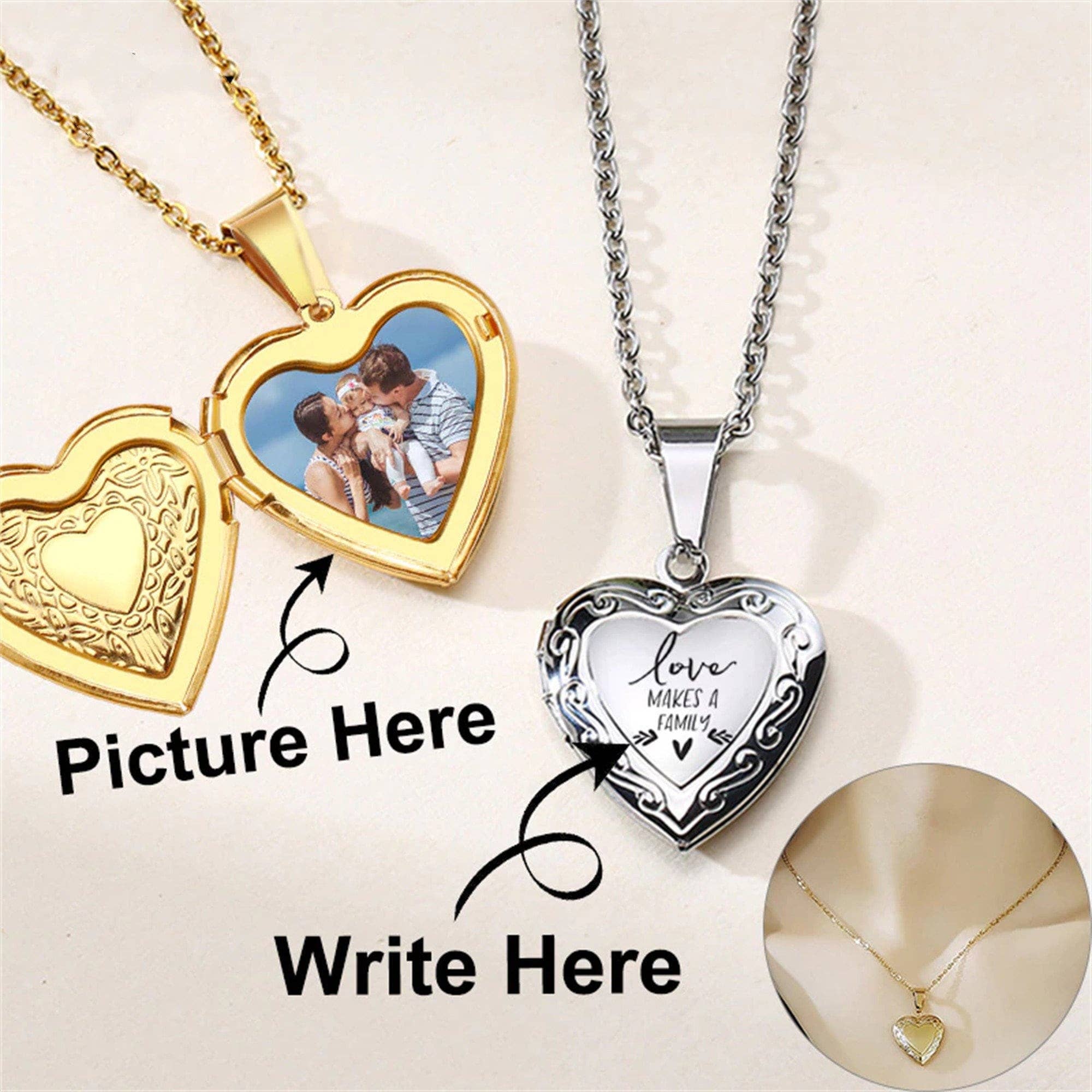 Gold Custom Heart Photo Locket Necklace in Stainless Steel