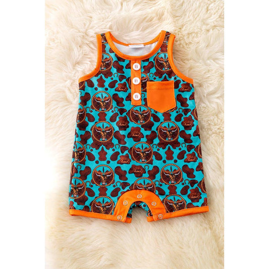 Kids Charm Online - "Dearly Loved" Highland cow printed boys baby romper with snaps. RPB50273 SOL