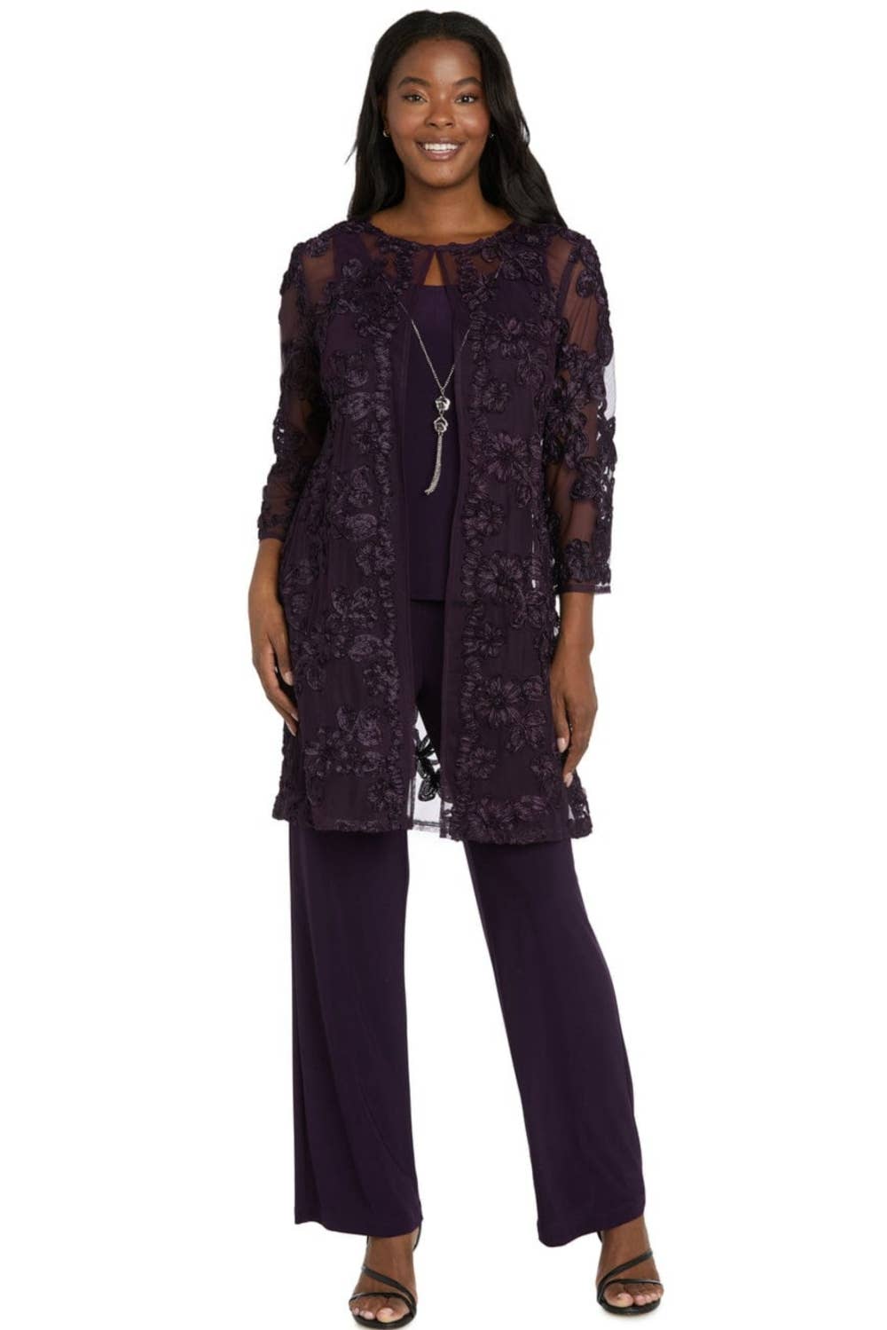 R&M Richards Sequin Floral 3-Piece Duster Pantsuit