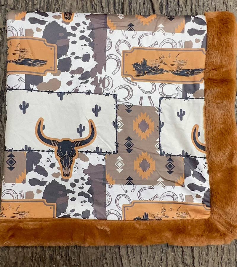 32 inch X 32 inch bull skull and cow printed baby blanket. BL0508