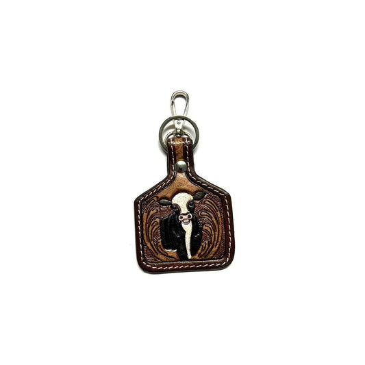Snowing West - WESTERN COW PRINT GENUINE LEATHER CATTLE TAG KEY CHAIN