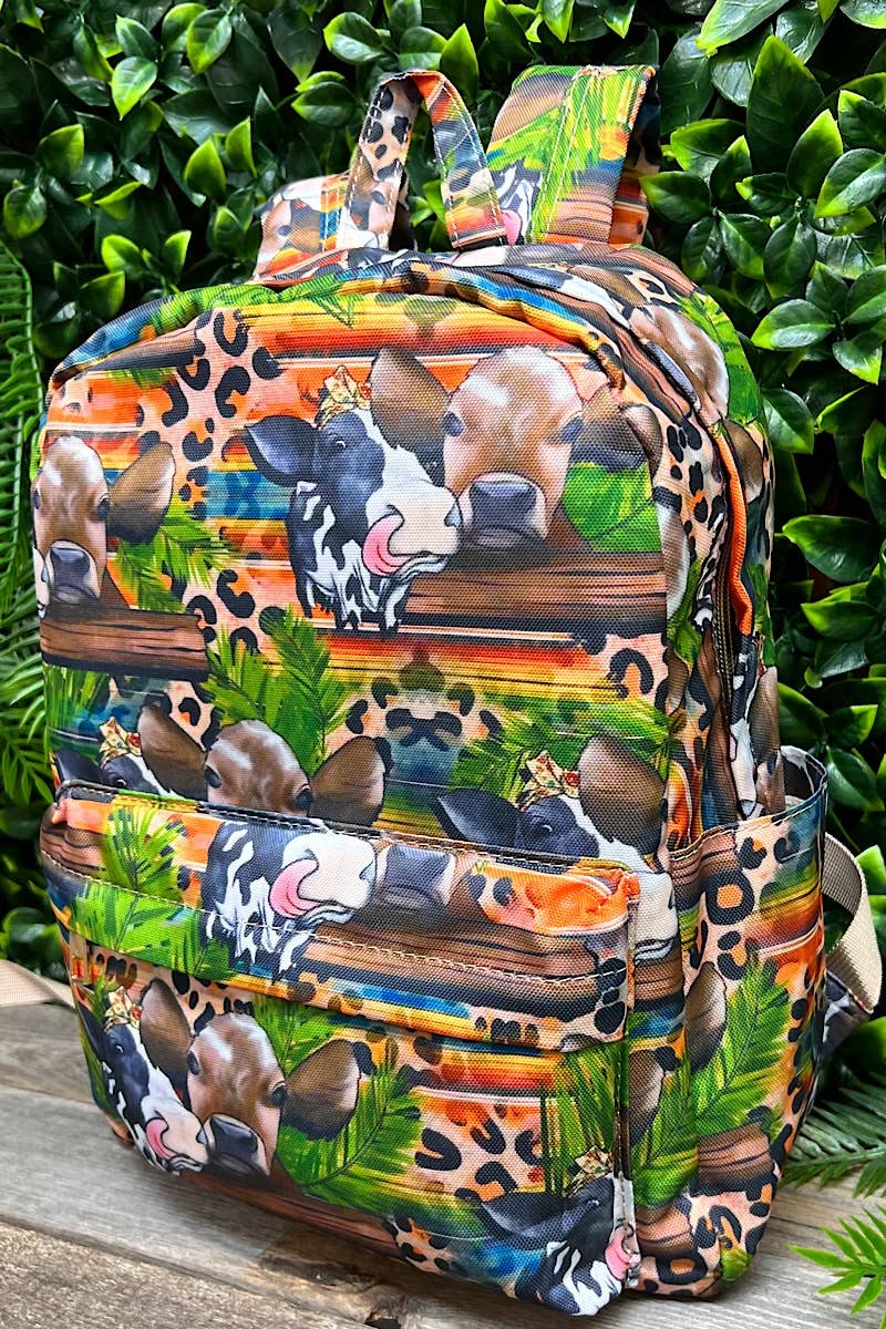 Western Multi Cow on Leopard Printed Small Kids Backpack