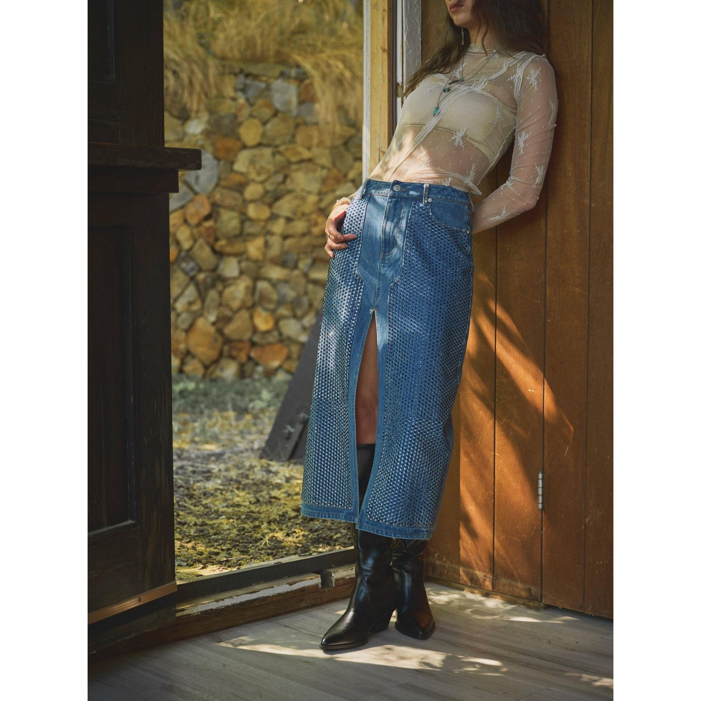 Blue B - 23052S - Embellished Stone Slit Midi Denim Skirt