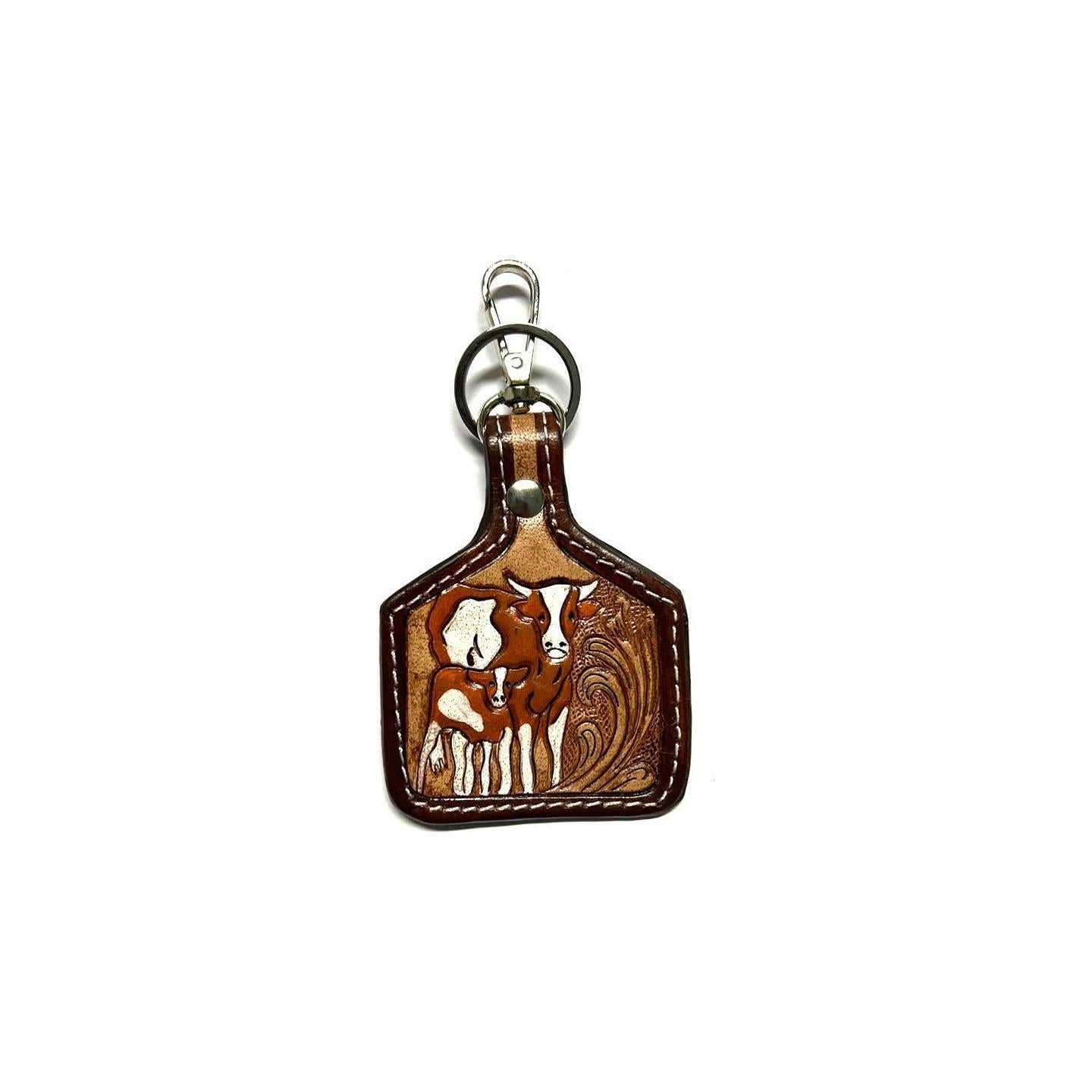 Snowing West - WESTERN COW PRINT GENUINE LEATHER CATTLE TAG KEY CHAIN