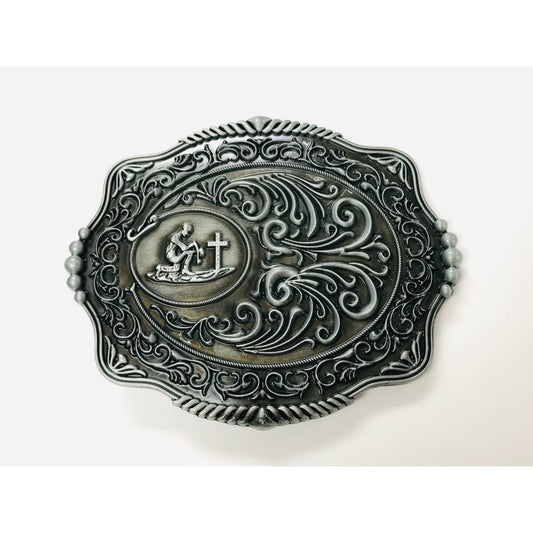 Antique Silver Praying Cowboy Belt Buckle
