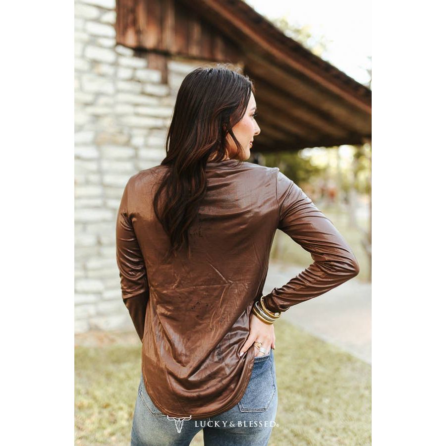 Brown Faux Leather Long Sleeve Round Neck Top