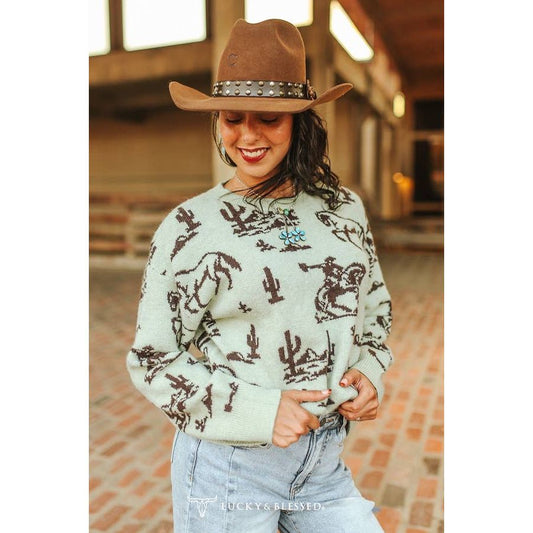 Olive Western Desert Printed Knitted Long Sleeve Sweater