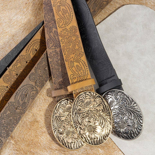 Floral Buckle Paisley Pattern Vegan Leather Belt