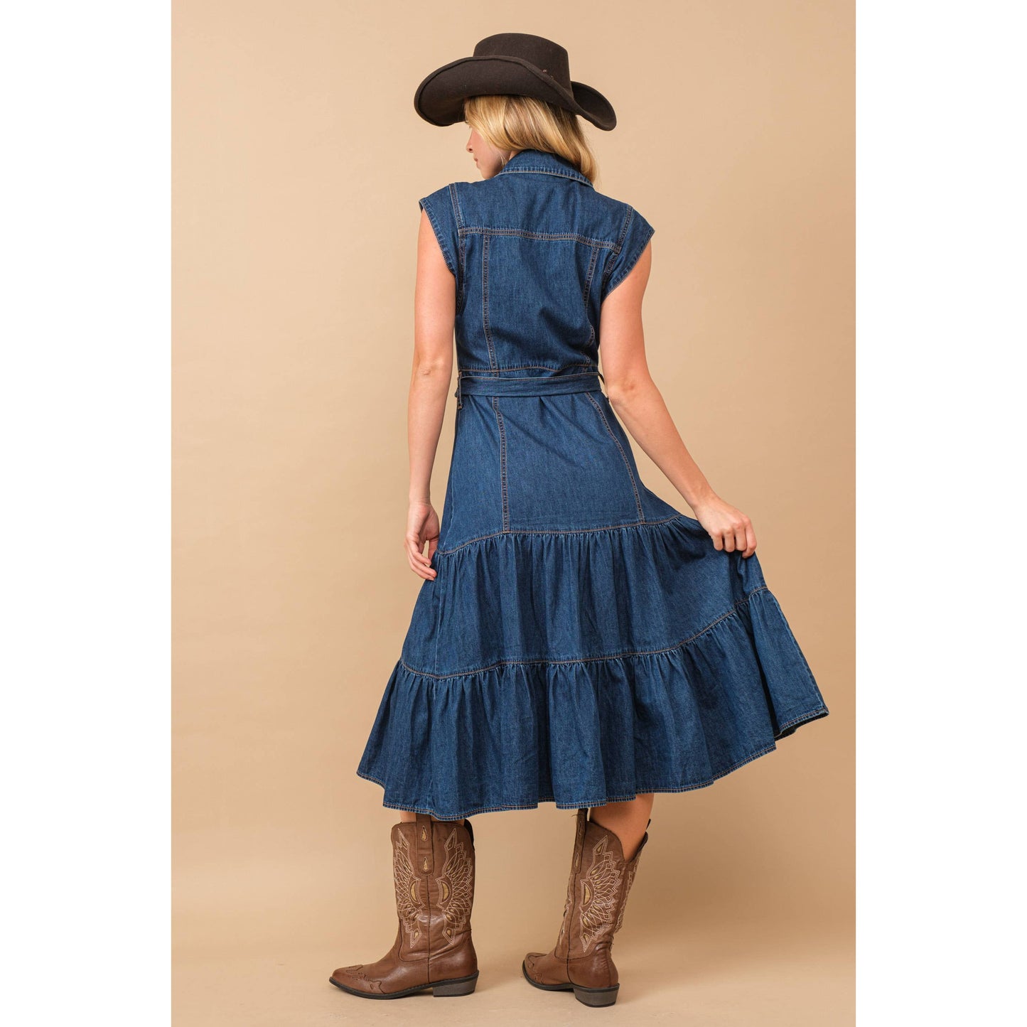 80189D - Belted Button Up Tiered Denim Midi Dress