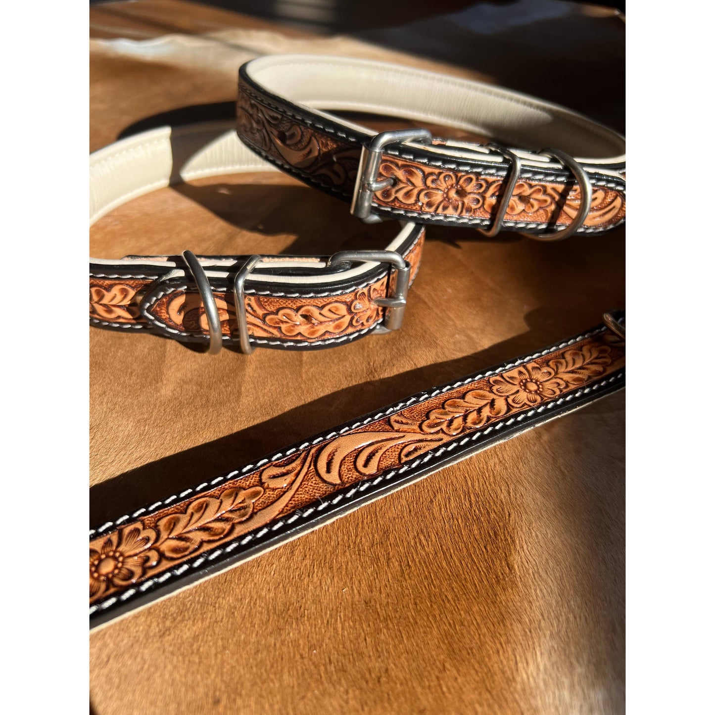 Tooled Leather Western Leather Padded Dog Collar White