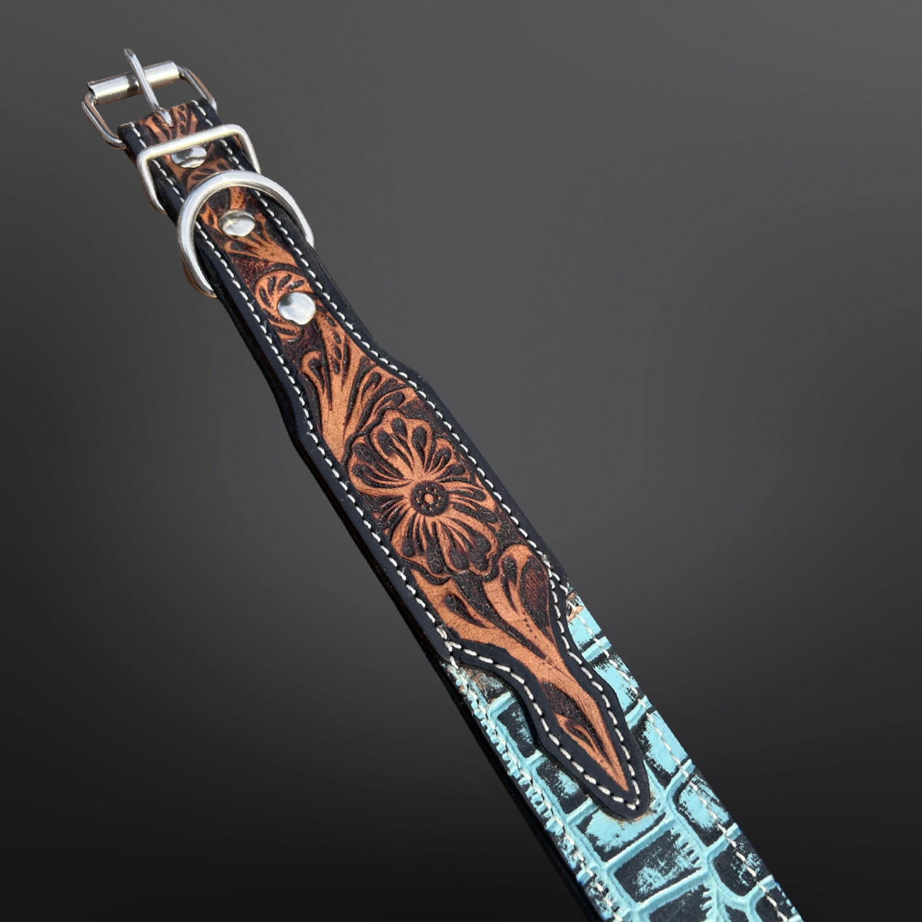 Western Dog Collar Tooled Leather Turquoise Embossed Leather
