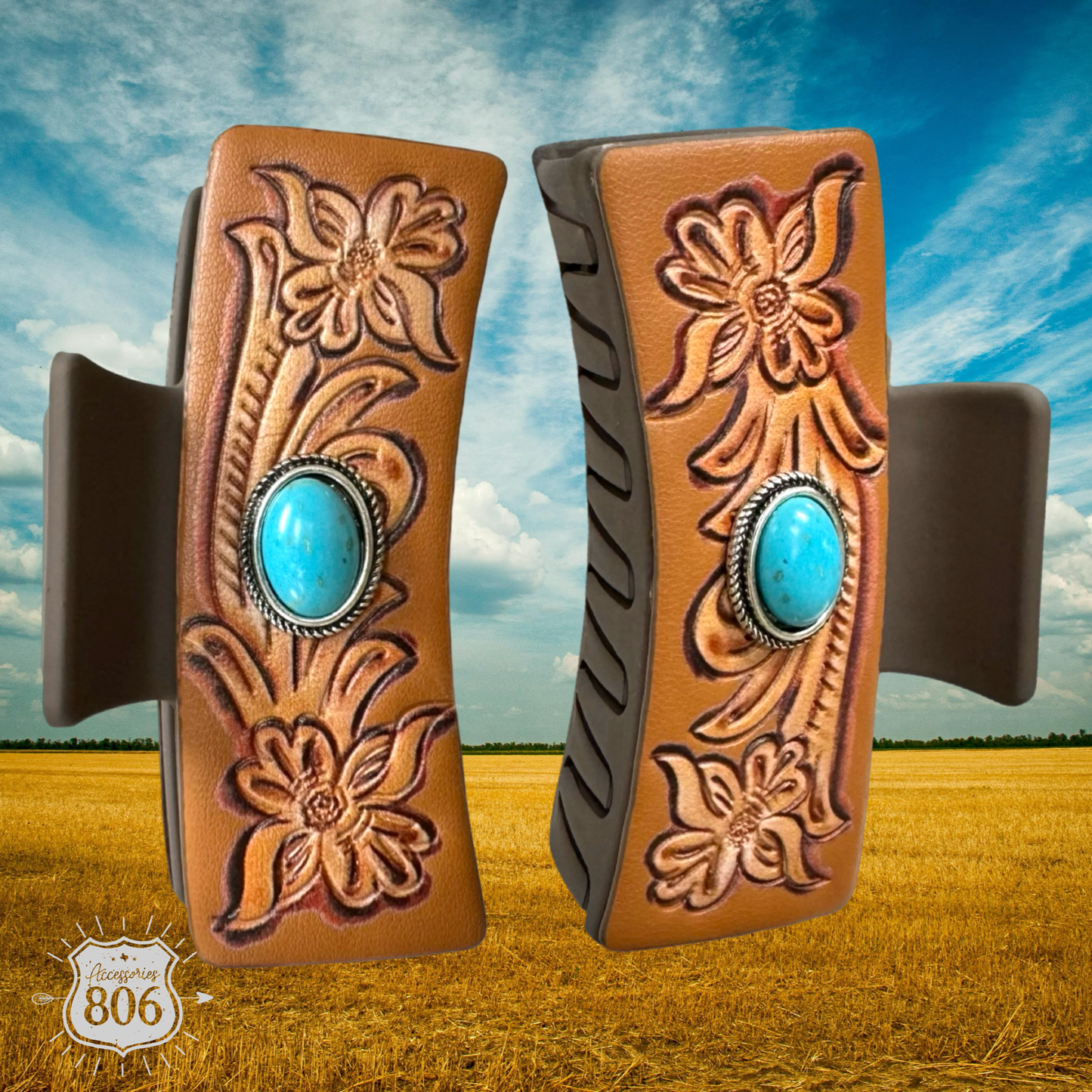 Hair Claw Clip - Western Tooled w/ Turquoise stone