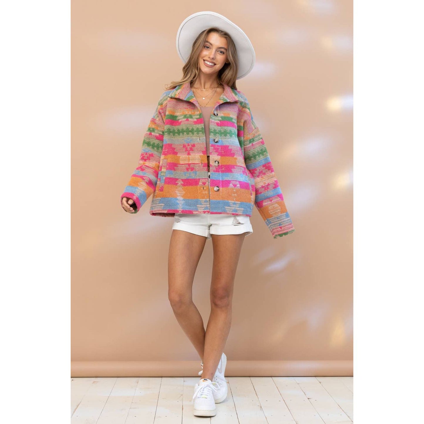 32296J - Aztec Pattern Button Up High Collar Jacket