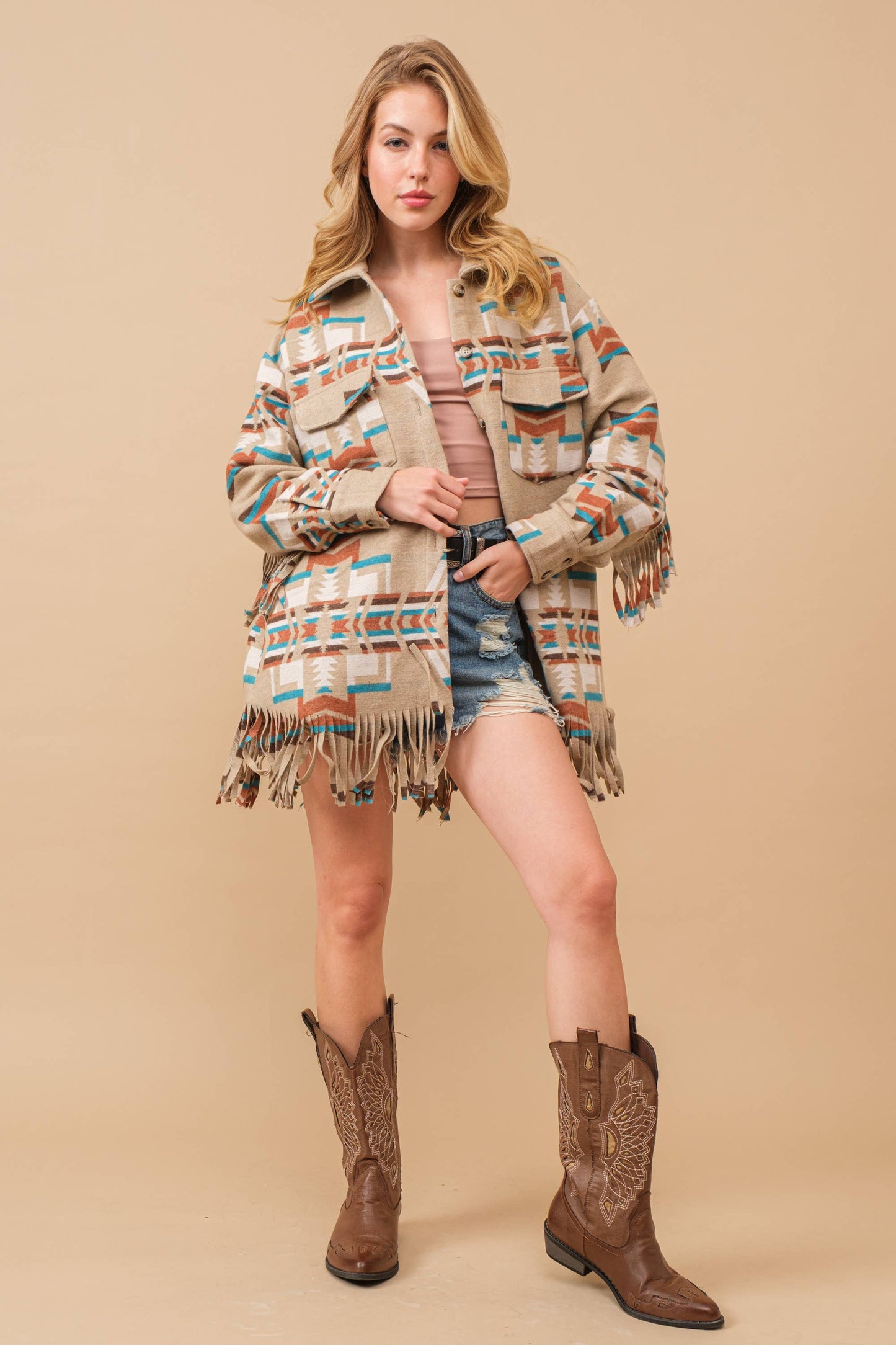 34200J - Blue B Exclusive Aztec Button Up Shirt Jacket