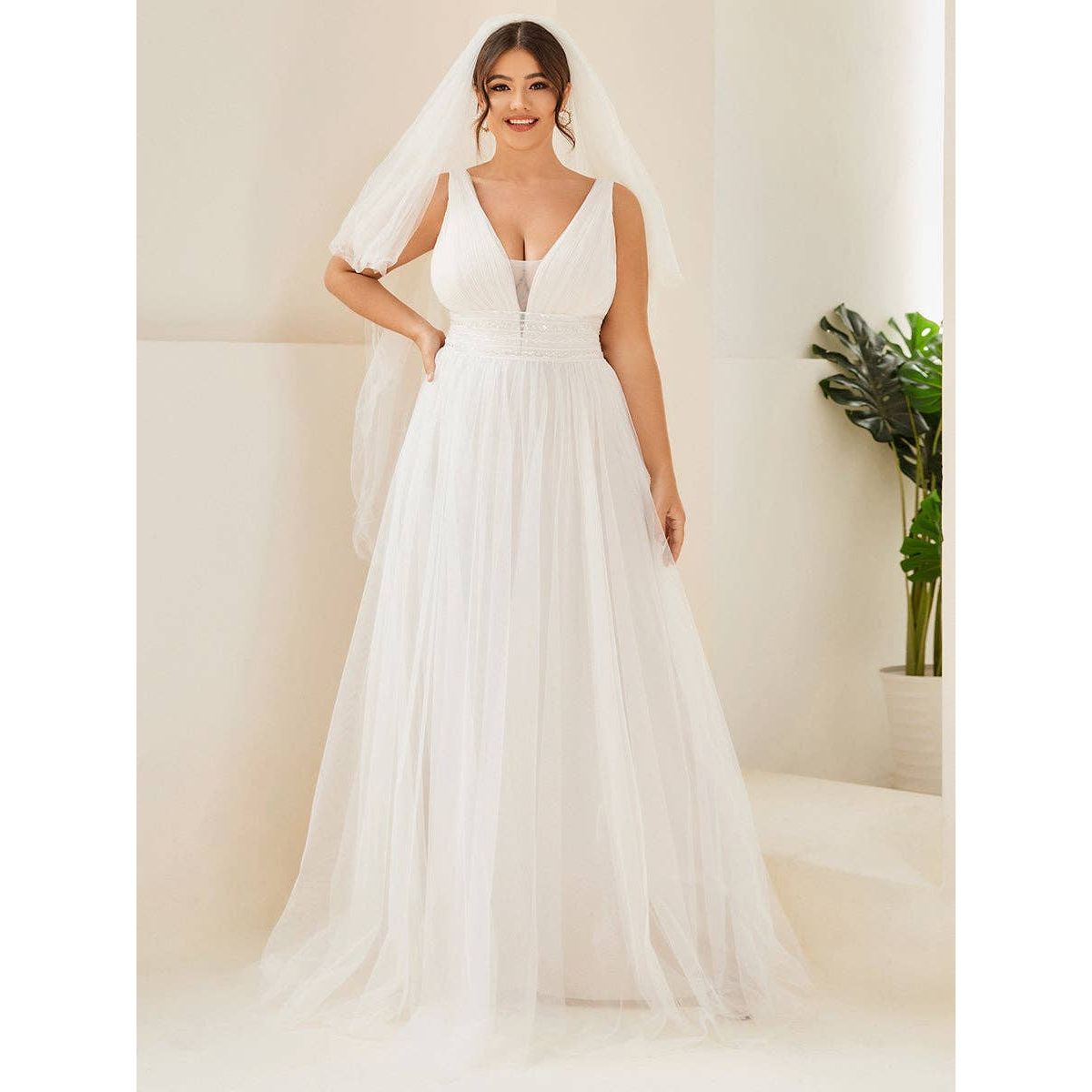Ever-Pretty - Plus Backless A Line Sleeveless Mesh Wedding Dress