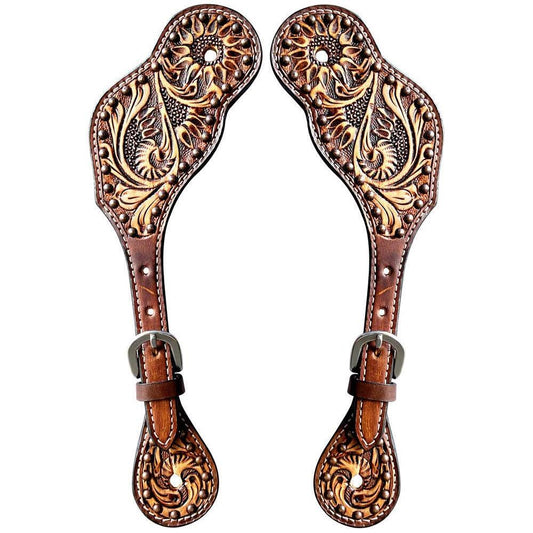 BarH Tack - Floral Hand Carved Horse Western Leather Spur straps Brown