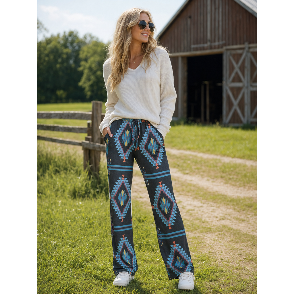 AV1044-CYNTHIA AZTEC PRINT RELAXED LONG PANTS